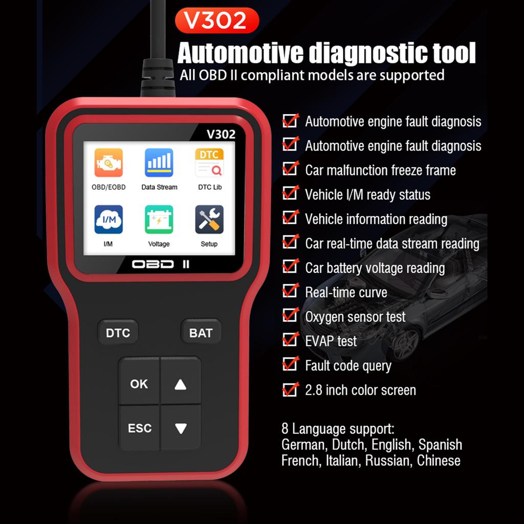 Автомобильный сканер OBDII, цветной экран 2,8 дюйма, диагностический инструмент для проверки кода двигателя