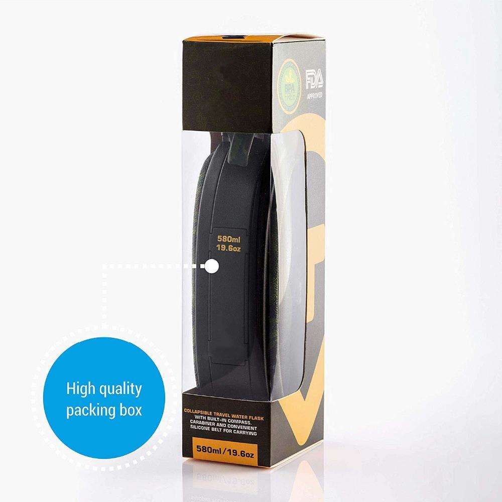 580ML Collapsible Military Water Bottle FDA Food Grade Silicone Water Kettle Canteen with Compass Bottle Cap for Hiking Camping