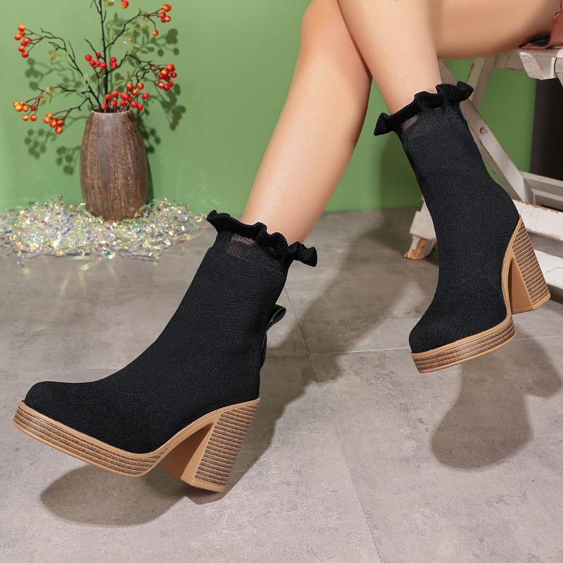 Модная обувь для женщин 2024 года, осень-зима, новый стиль, вязаные дышащие модные женские ботинки, простые и универсальные, черные, на высоком каблуке