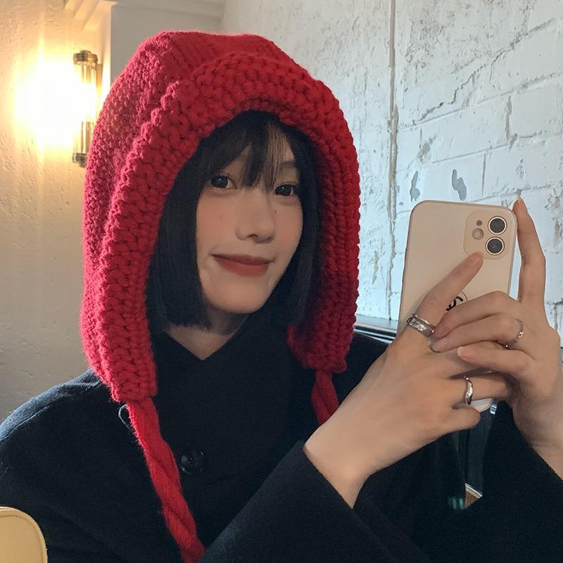 Sweet and Cute Little Red Riding Hood Female Autumn and Winter Knitted Wool Lace-up Ear Protection Hat Warm Versatile Hat Tide