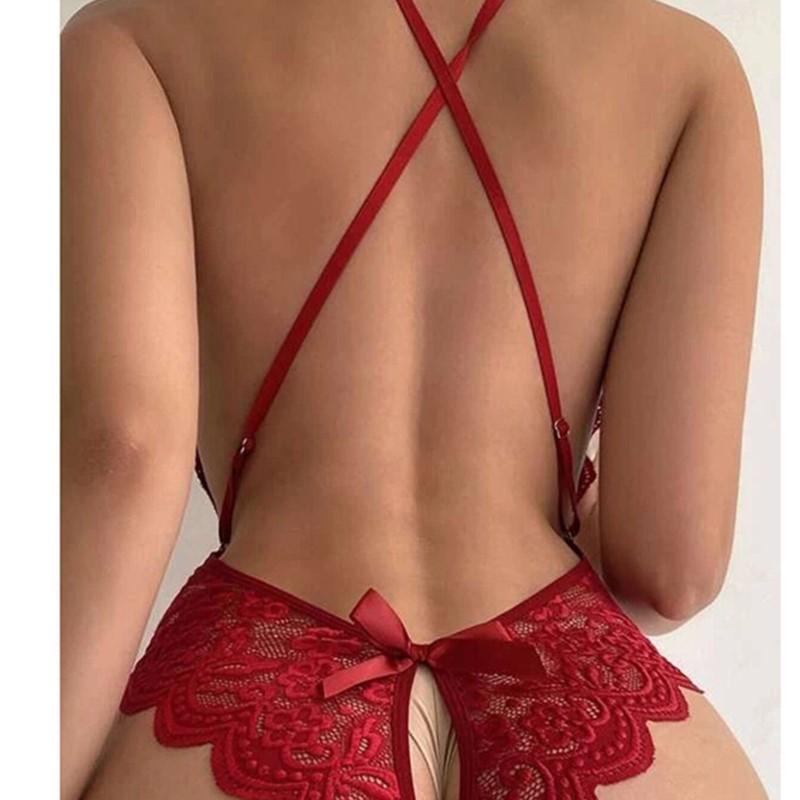 New Sexy Lingerie Women Bodysuit Sleepwear Open Crotch One Piece Transparent Lace Teddy Deep V Open Bra Crotchless Underwear Set for intimate