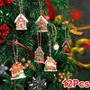 12PCS Christmas Tree Decoration Gingerbread House Pendant Wooden Multi-element Suspension Rope Holiday Wooden House Gift