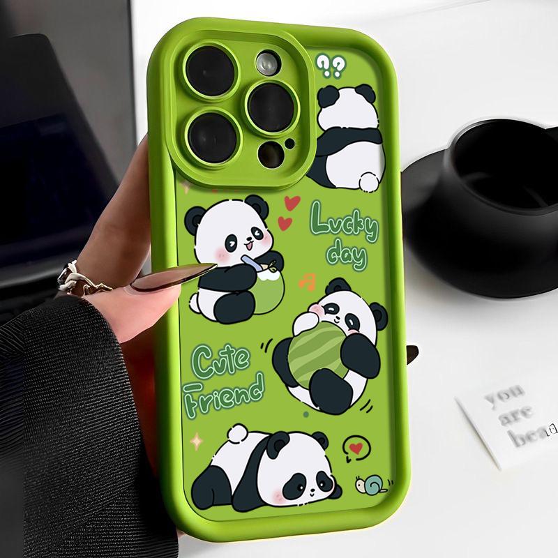 Lucky Panda Pattern Solid Color Shell для iPhone 16 Pro 15 14 Plus 13 12 Pro Max 11 Xs Xr 8 7 Ударопрочный мягкий TPU защитный чехол для объектива от падений