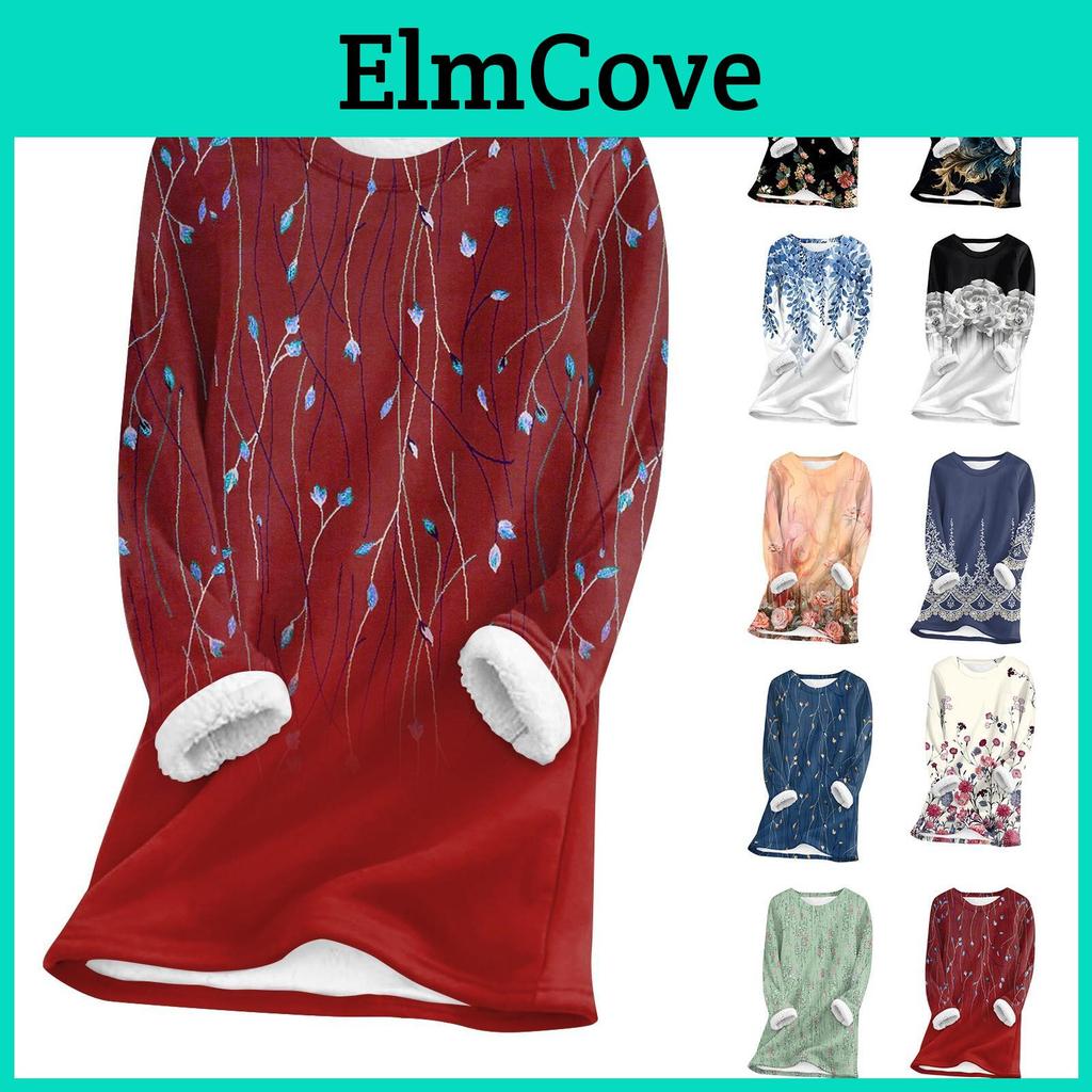 Top Round Neck Printing Womens Thickened Plush Cashmere Warm Long Top