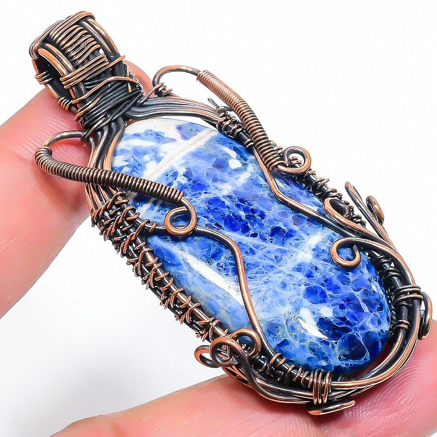 Natural Sodalite Gemstone Handmade Copper Wire Wrap Gift Pendant 2.56" m8V08