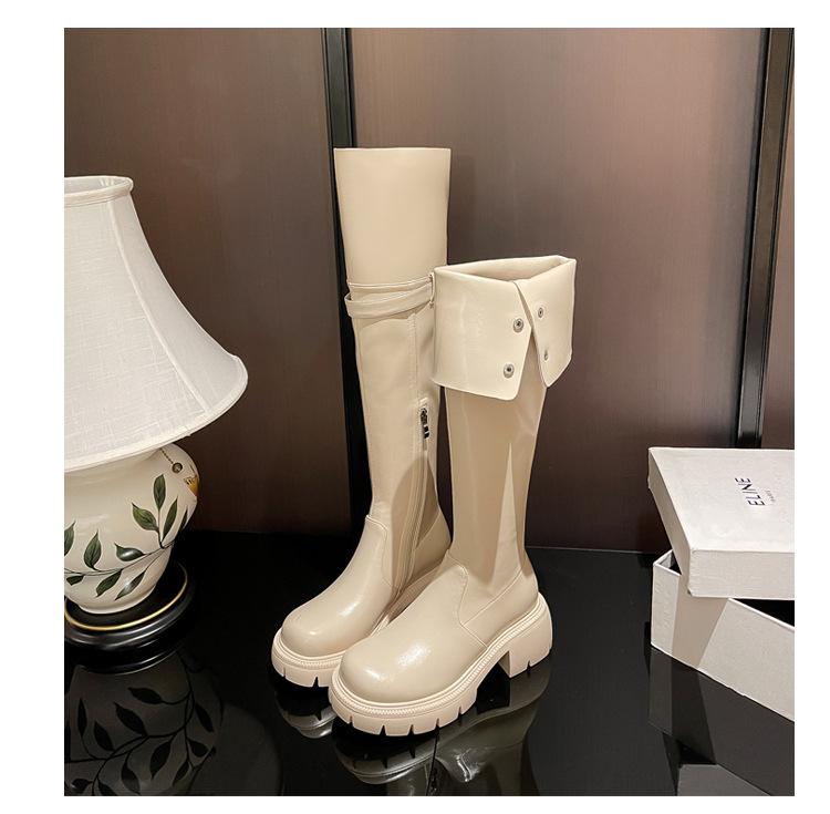 White knee boots 2024 new folded two wear thick heel velvet boots women's tall knight boots