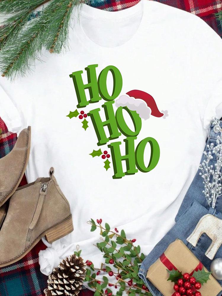 (Asian Size) Star Trend Cute New Year Festival Women Print Holiday Tee Top Merry Christmas Casual Lady Short Sleeve Fashion Graphic T-shirts