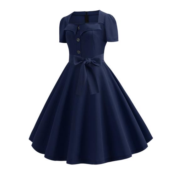 Women Dress Square Neck Short Sleeve Retro 1950s A-line Big Hem Button Decor Dot Print Color Matching Mid Waist Belted Bow Decor Midi Dress