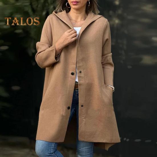 Осенне-зимняя женская шерстяная куртка с капюшоном, средней длины, с украшением в виде кольца на спине, однобортная, с длинными рукавами, однотонная, для ежедневных поездок на работу, пальто