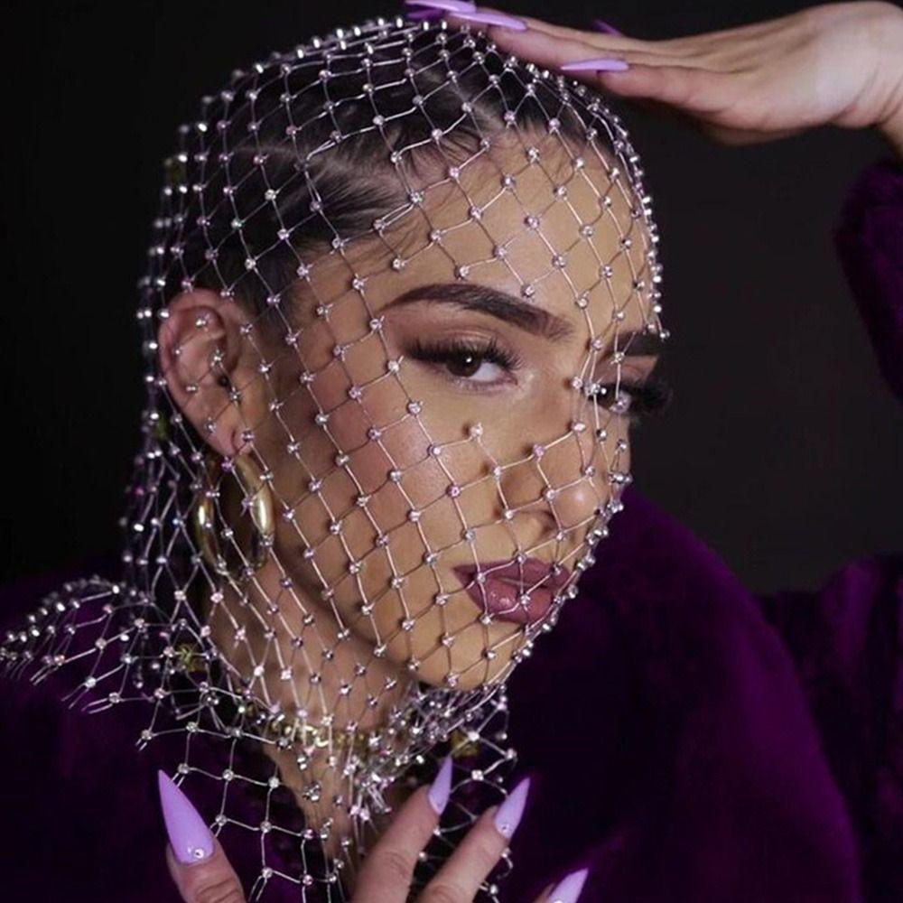 Balaclava Women Fishnet Headhood Cap Shining Diamond Headwrap Rhinestone Headcover Masked Head Mask