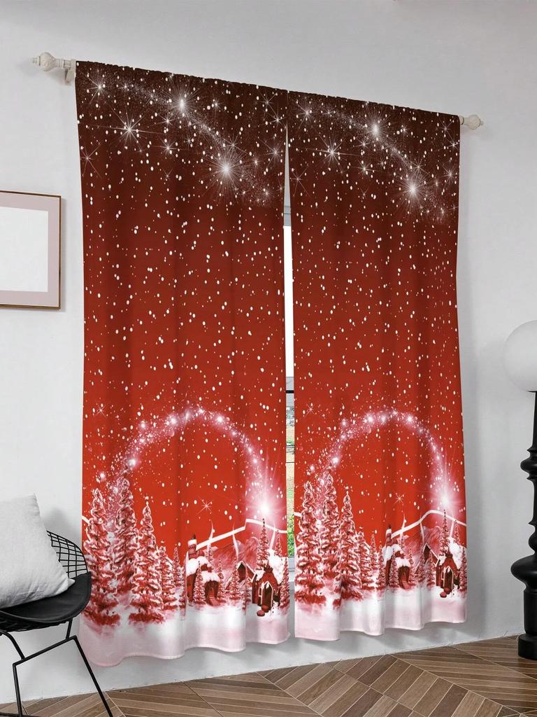 2pcs Luxurious Christmas Curtains With Golden 3D Digital Design Light-Filtering Window Curtain for Living Room, Bedroom, Office,