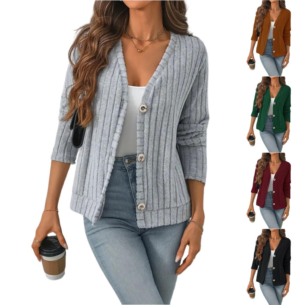 Women's Fashion Solid Color V-neck Long Sleeve Button Casual Cardigan Coat