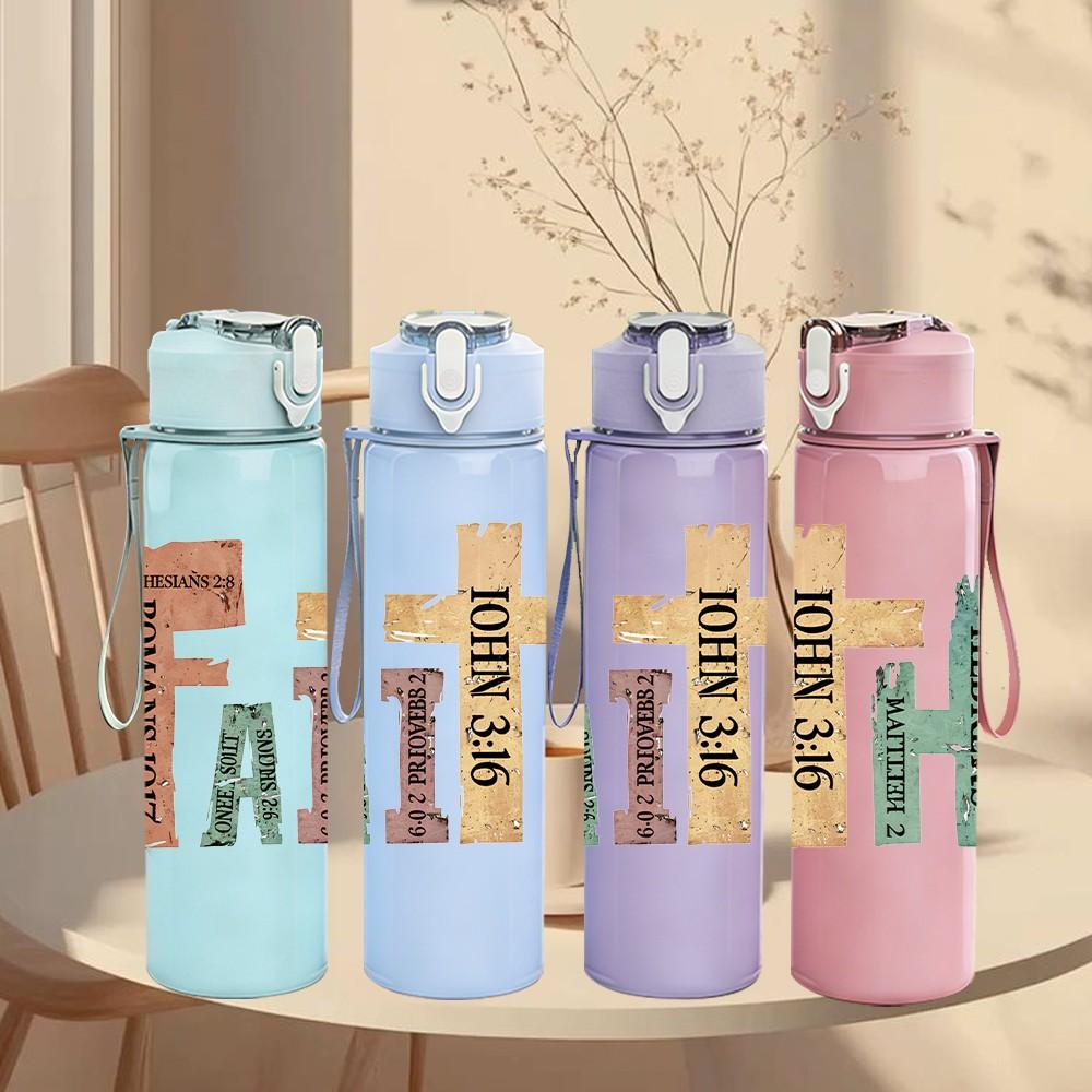 1PC Faith Cross Letter Text Art Print 750ml Color Plastic Sports Water Bottle Leakproof Flip Straw Lid Suitable for Sports Office Home Use