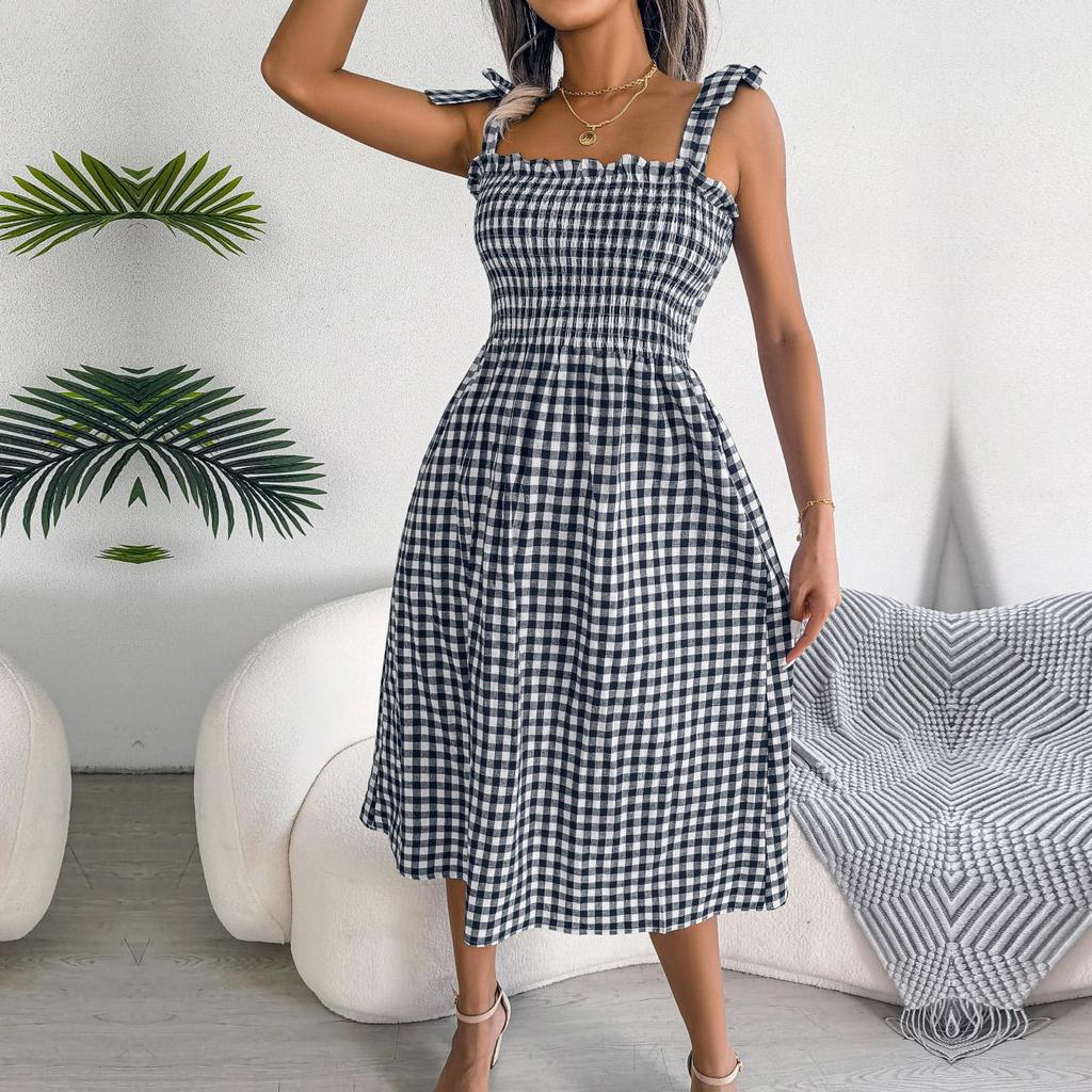 Женское повседневное платье без рукавов с лямкой на шее и лямкой на шнуровке, контрастное клетчатое длинное платье с высокой талией, S-XL