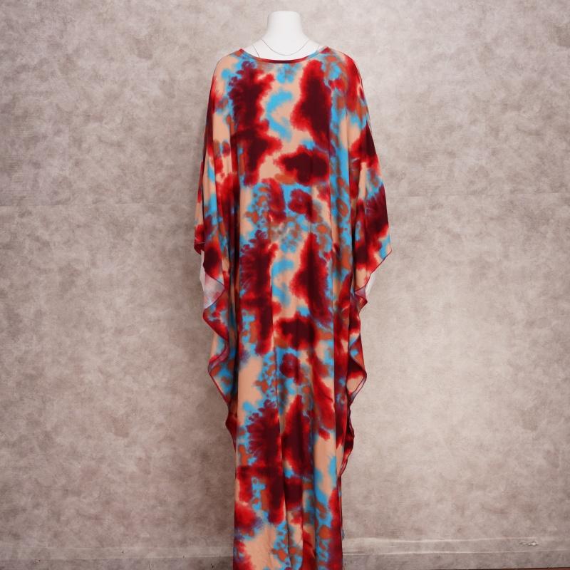 Red Tie-dye Printed Bikini Cover-up Swimsuit Robe Casual V-neck Side Slit Summer Beach Skirt Women's Beachwear Swimsuit Cover-up