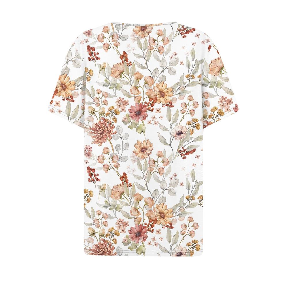 Женская повседневная футболка с v-образным вырезом и коротким рукавом с цветочным принтом и декоративными пуговицами, топ