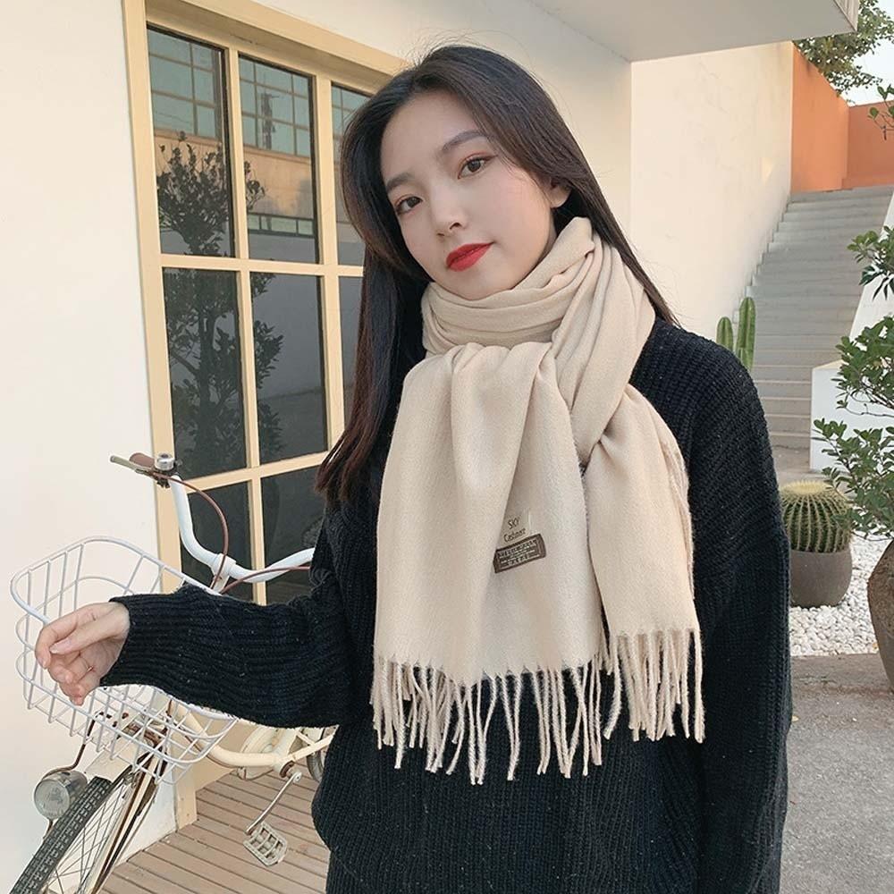 Windproof Solid Color Shawl Polyester Long Neckscarf with Tassel Classic Wool Scarf Winter