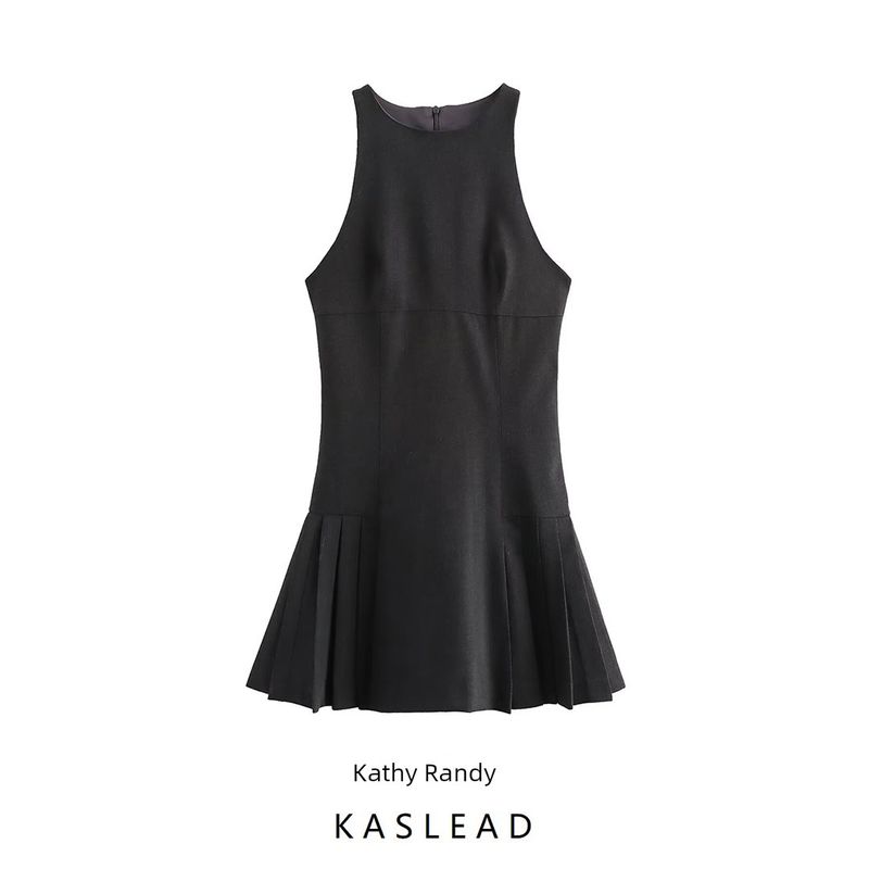 Kaslead New Arrival Women's Clothing Fashion Style Fashion Wide Pleated Hanging Collar Short Dress 9367557
