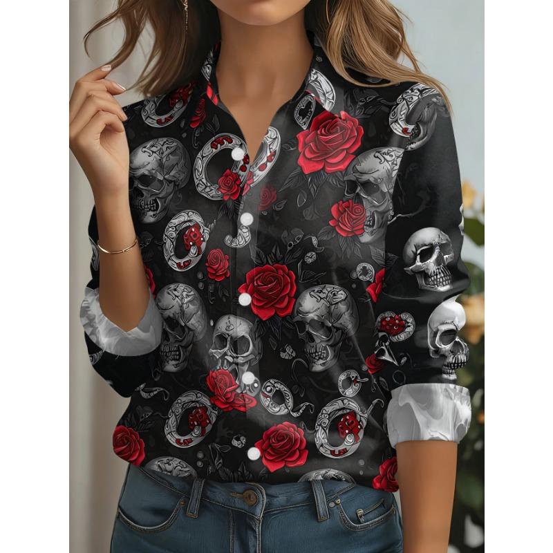Women's casual digital print-long-sleeved shirt, skull rose dark style, button collar