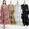 French Runway Spring Hollow Out Lace Patchwork Ruffled Long Dress Vintage Women V Neck Flare Sleeve High Waist Belt Loose Dress