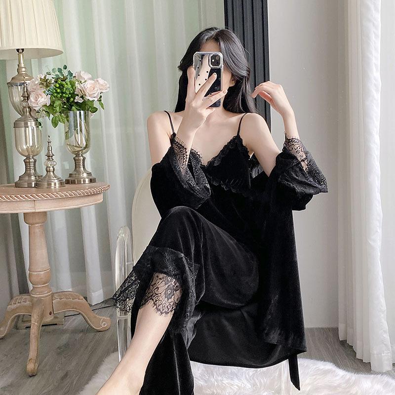 Golden velvet pajamas women's autumn and winter pure desire sexy lace suspender three-piece set with chest pad long sleeve warm loungewear