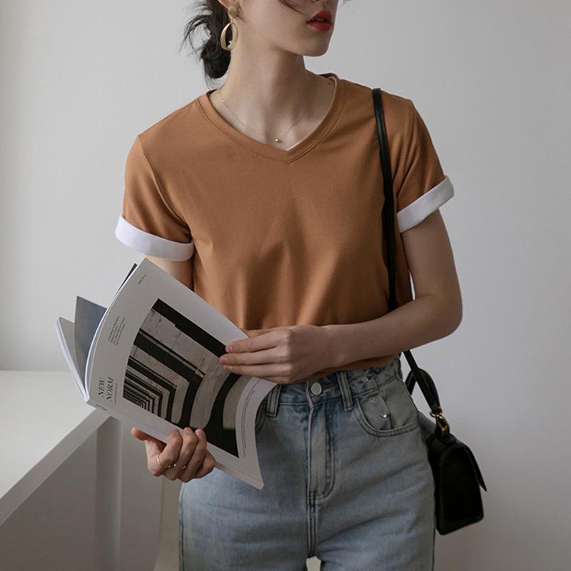 Футболка из тонкого чистого хлопка с V-образным вырезом и короткими рукавами для женщин, свободная и универсальная, утягивающая, в корейском стиле, летняя, новая нижняя часть рубашки сверху
