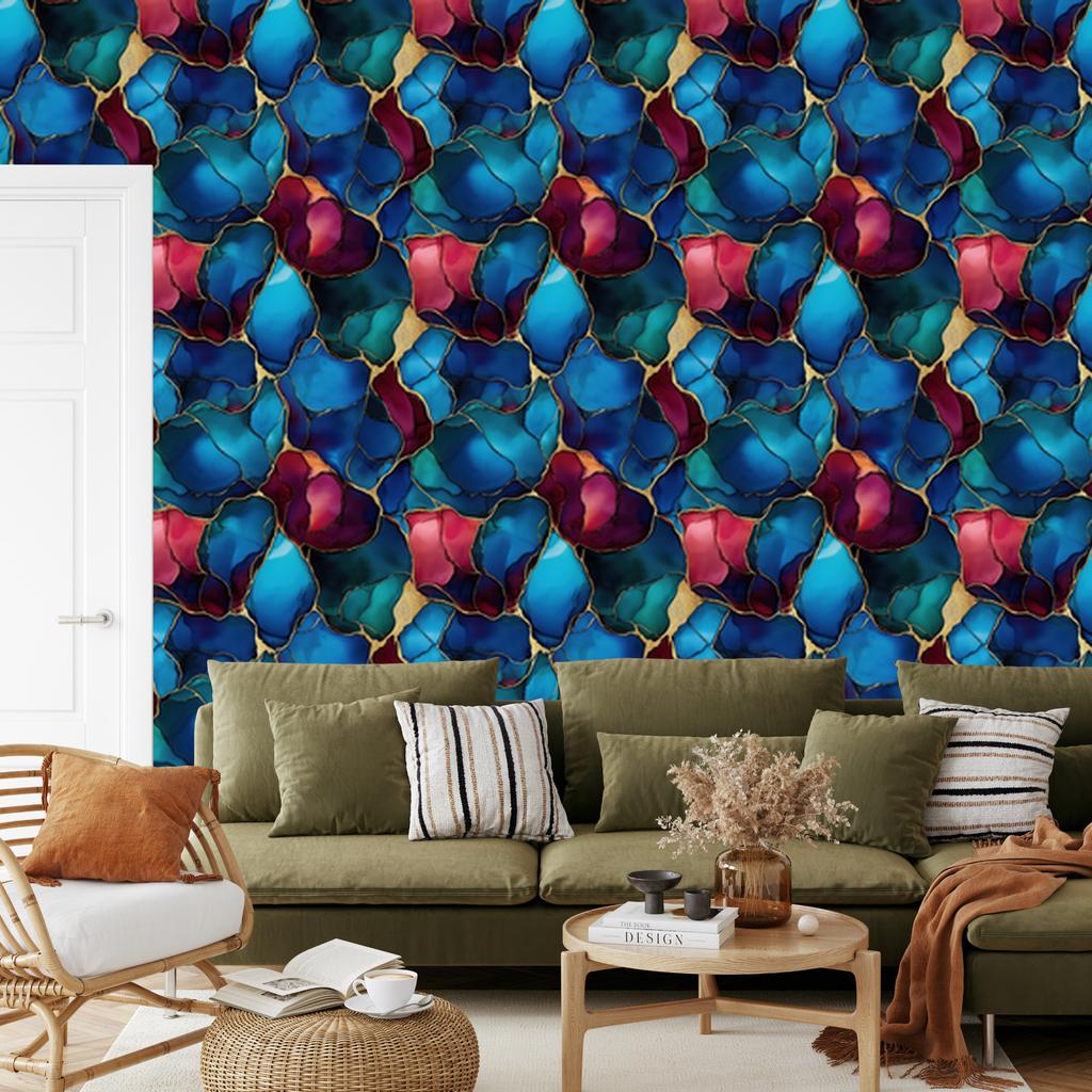 Wallpaper Ink navy blue, turquoise, blue and burgundy 50x1000