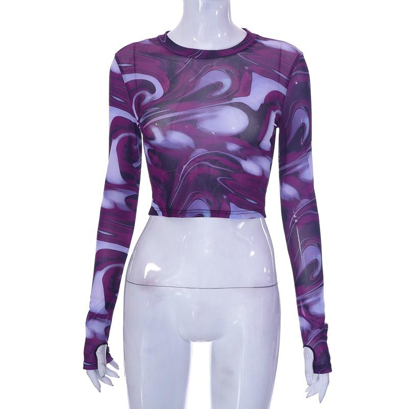 Женская сетчатая футболка с длинным рукавом с круглым вырезом и нерегулярным разрезом, пуловер, женская повседневная тонкая футболка, топ