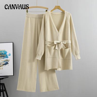 Весенне-осенний женский вязаный комплект, широкие брюки, вязаный кардиган, куртка из двух предметов, свободная мода