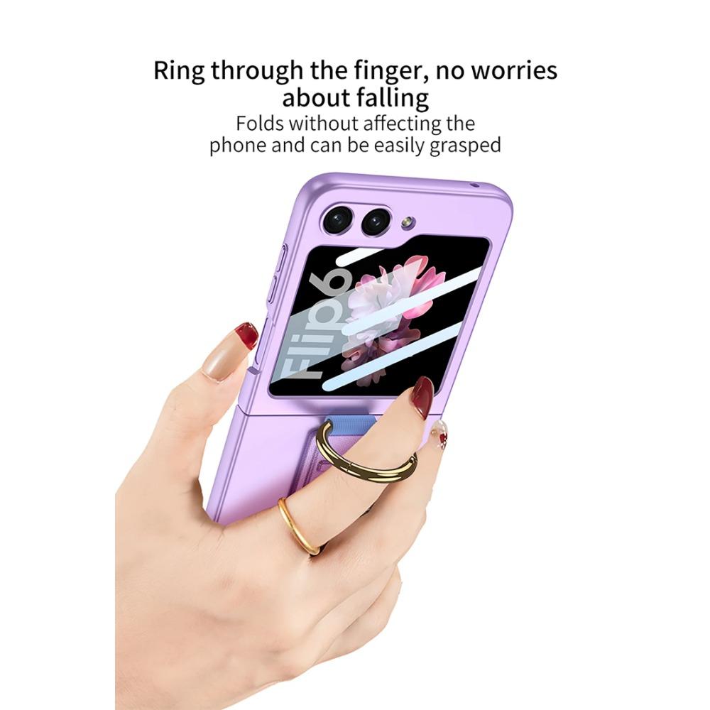 Чехол Ultra Thine Hard PC Phone для Samsung Galaxy Z Flip 6 5 4 с ремешком на запястье, кольцом-держателем, небольшой защитный экран
