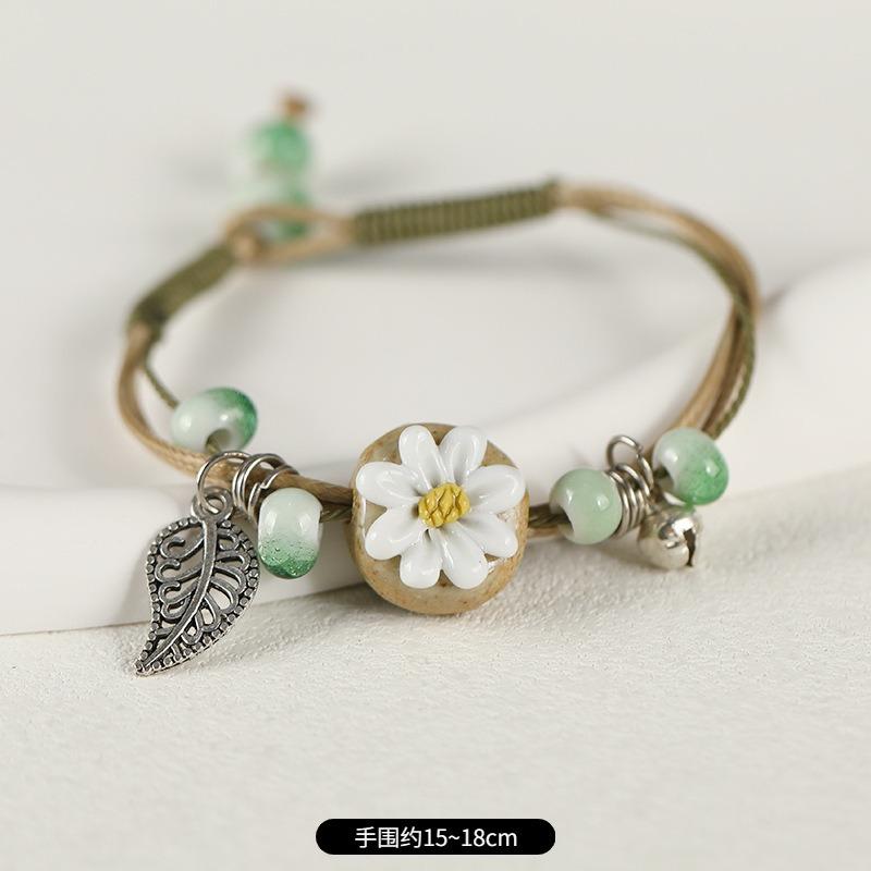 Retro Ceramic Flower Woven Bracelet Niche Literary Hand Rope Small Fresh Bell Bracelet Female