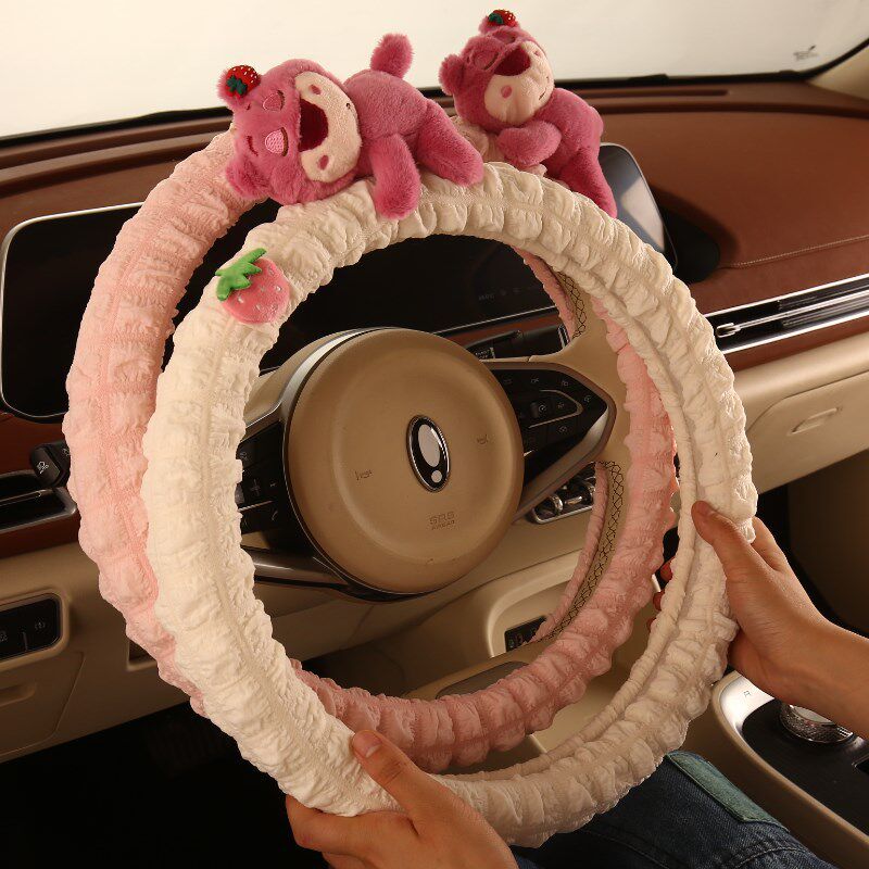 Car Steering Wheel Cover for All Seasons, Cute Pink Z Strawberry Bear, Women's Sweat-Absorbent D-Shaped Handlebar Cover, Women's Winter Model