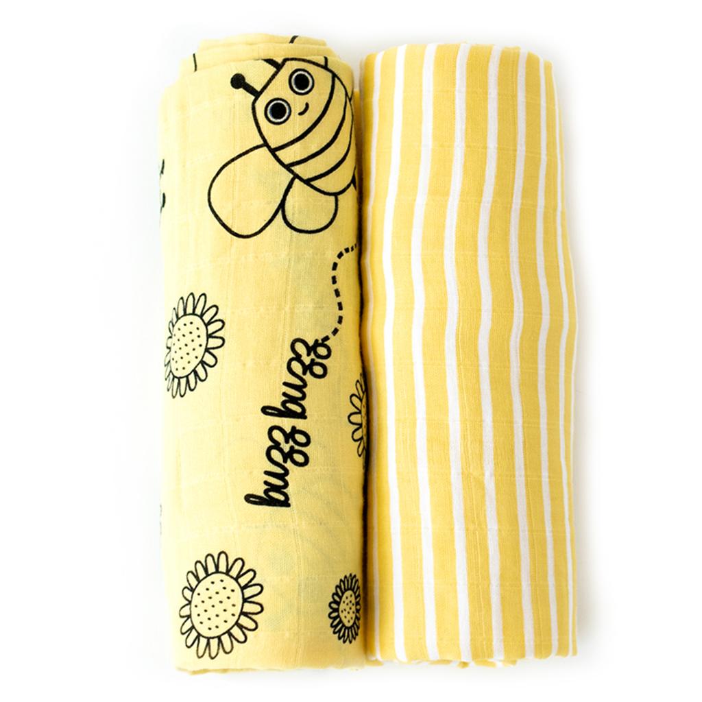 Milk&Moo Set of 2 Buzzy Bee Baby Muslin Swaddle Blanket, 100% Cotton, Ultra Soft