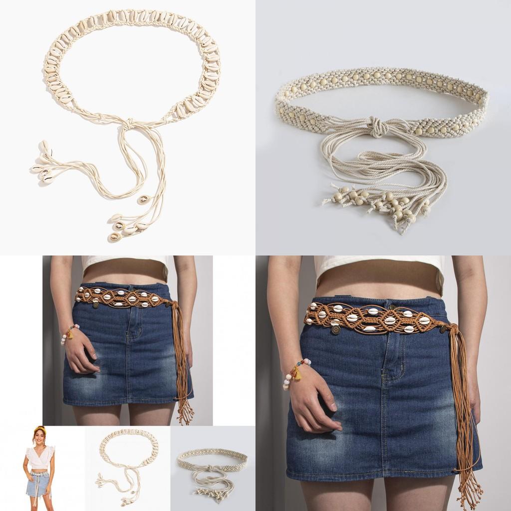 Bohemian Leather Shell Waist Band For Women With Wide Woven Cord And Versatile Style