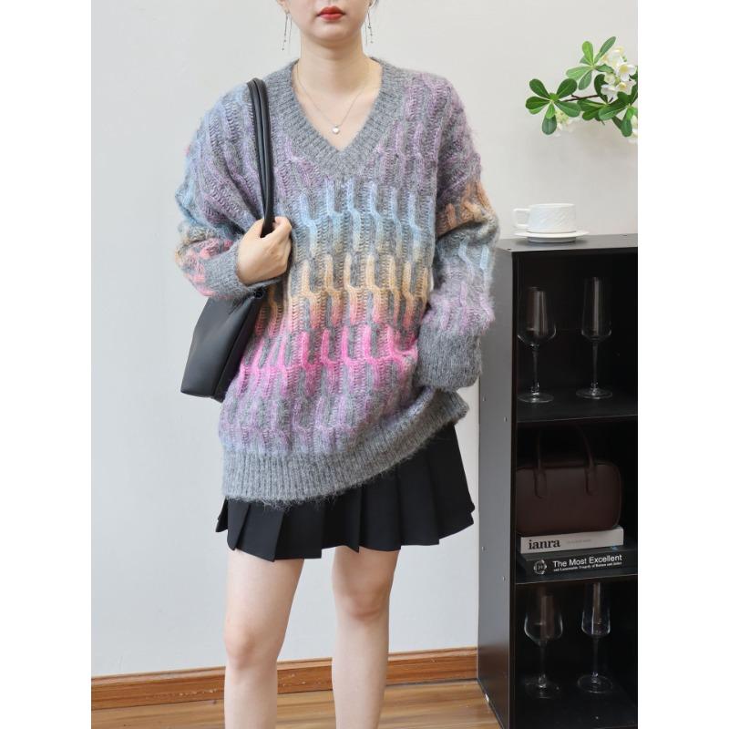 Gentle Wind Gradual Change Sweater Pullover Autumn and Winter New Medium and Long V-neck Loose Knitted Sweater Top Women