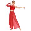 Womens Rhinestone Lyrical Outfit Asymmetrical Long Sleeve Crop Top Loose Irregular Overlay Pants