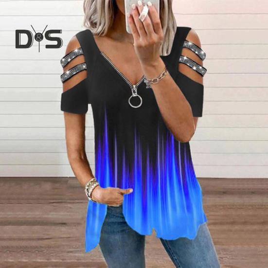 Женская летняя футболка с открытыми плечами, декор со стразами, короткие рукава, большие размеры, свободный подол, V-образный вырез, градиентный контрастный цвет, женская блузка