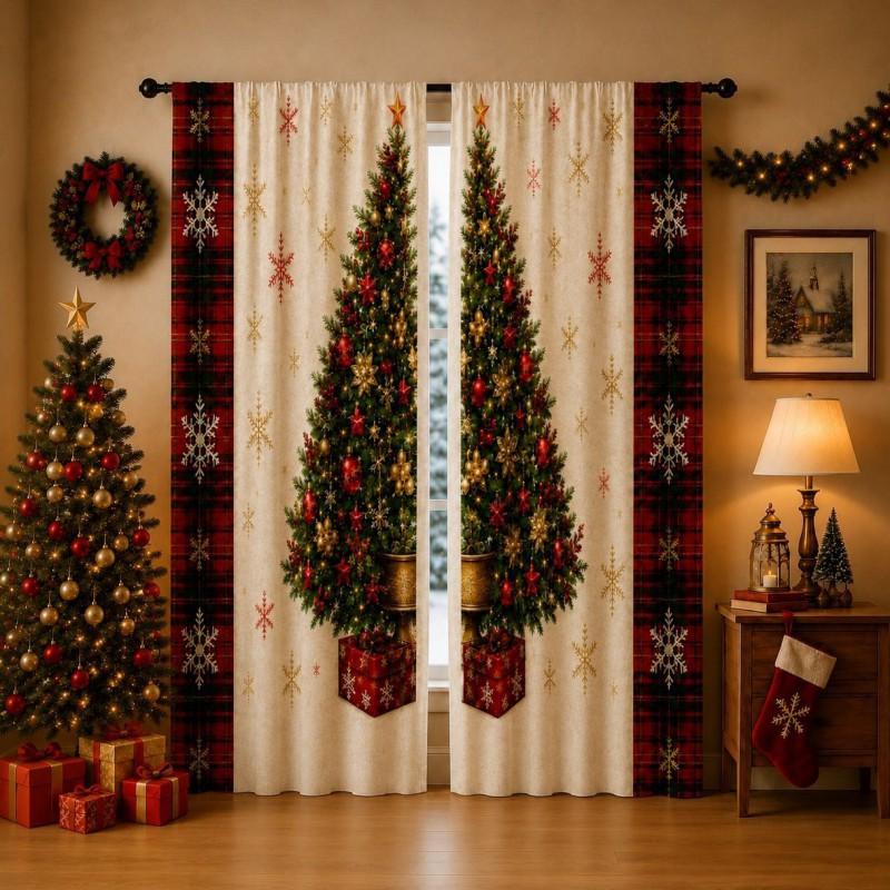 Christmas Print Blackout Curtains Living Room Bedroom - American Style Cat Ready-Made Window Treatment Set