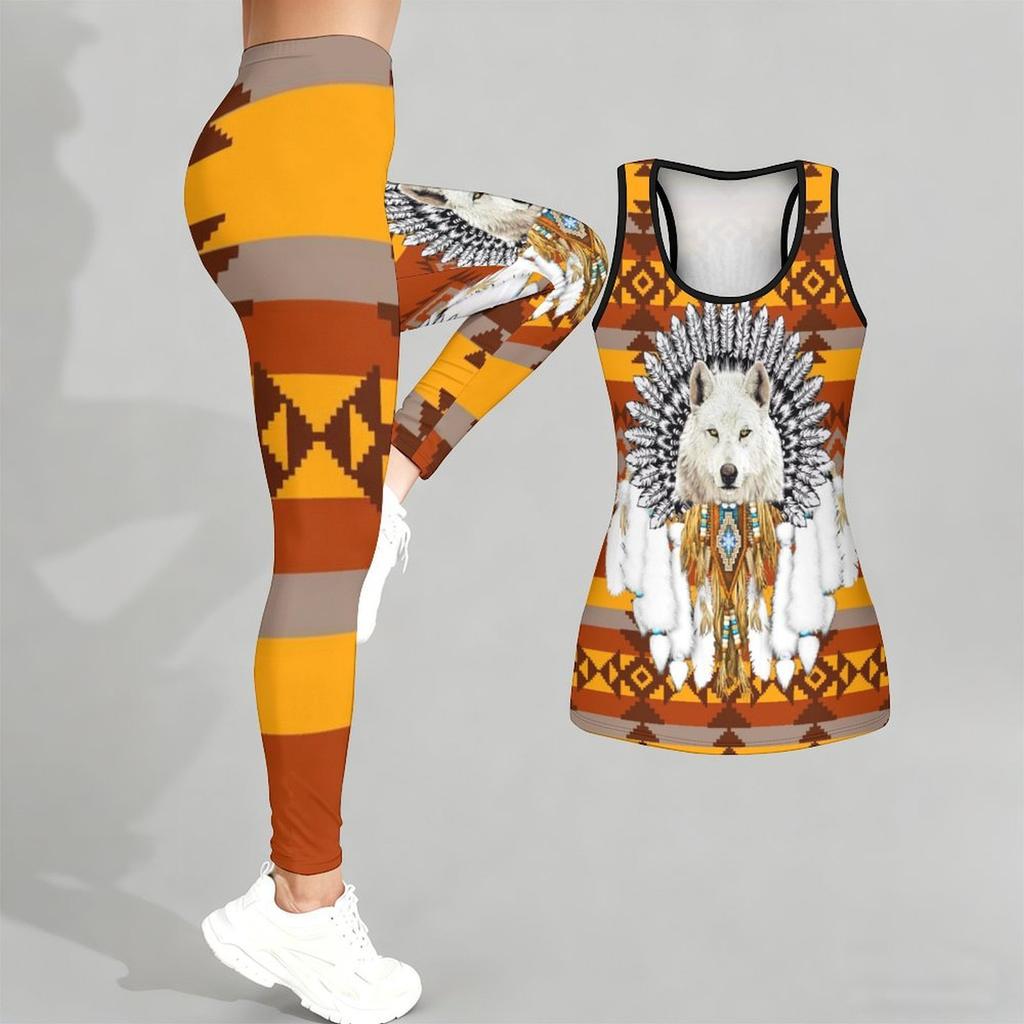 Йога-комплект с принтом «Тотем волка» для женщин Модные леггинсы для тренировок Фитнес Спортивный повседневный набор для йоги Спортивный костюм