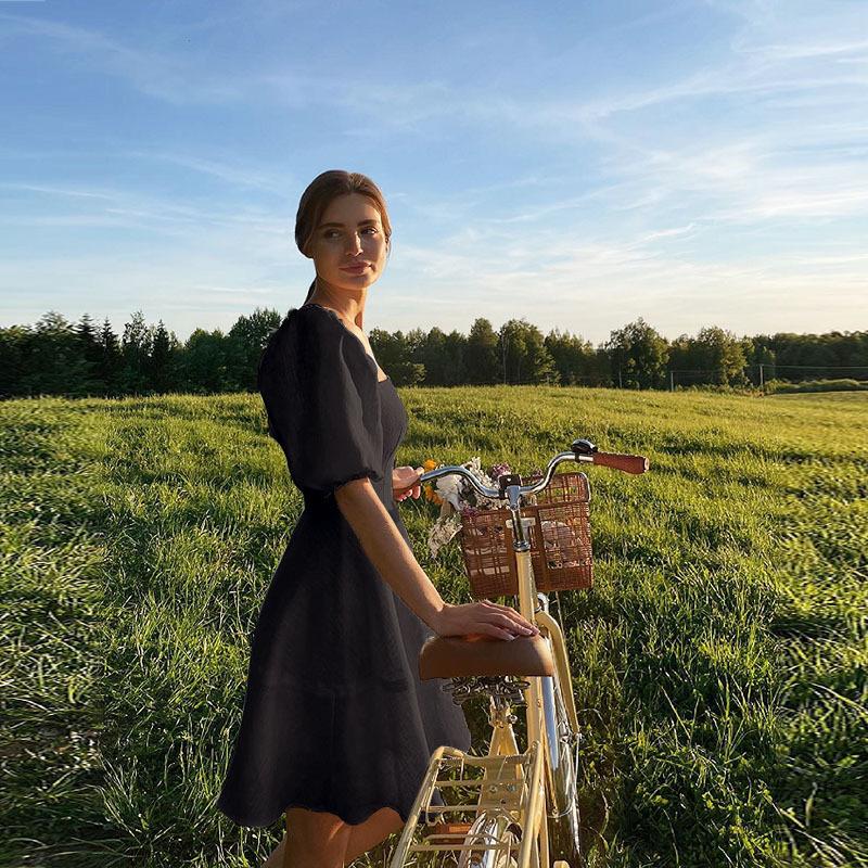 Женская мода с квадратным вырезом, коротким рукавом и высокой талией, тонкое платье, юбка, повседневные платья