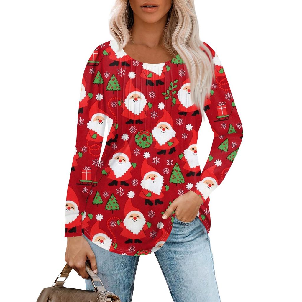 Женская повседневная футболка с круглым вырезом и длинными рукавами с рождественским принтом и складками
