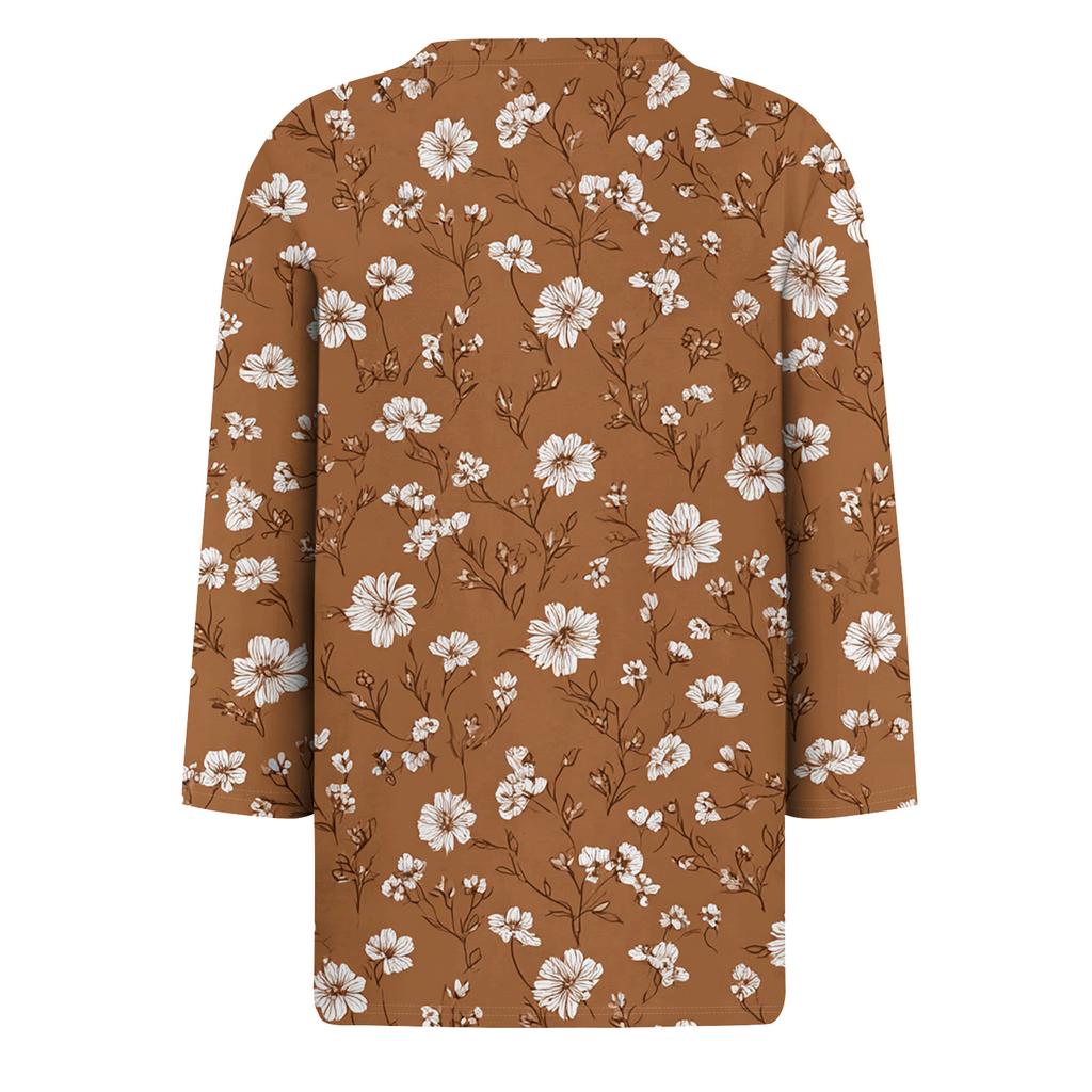 Women's Fashionable Casual Round Neck T-Shirt With Floral Print And Three-Quarter Sleeves