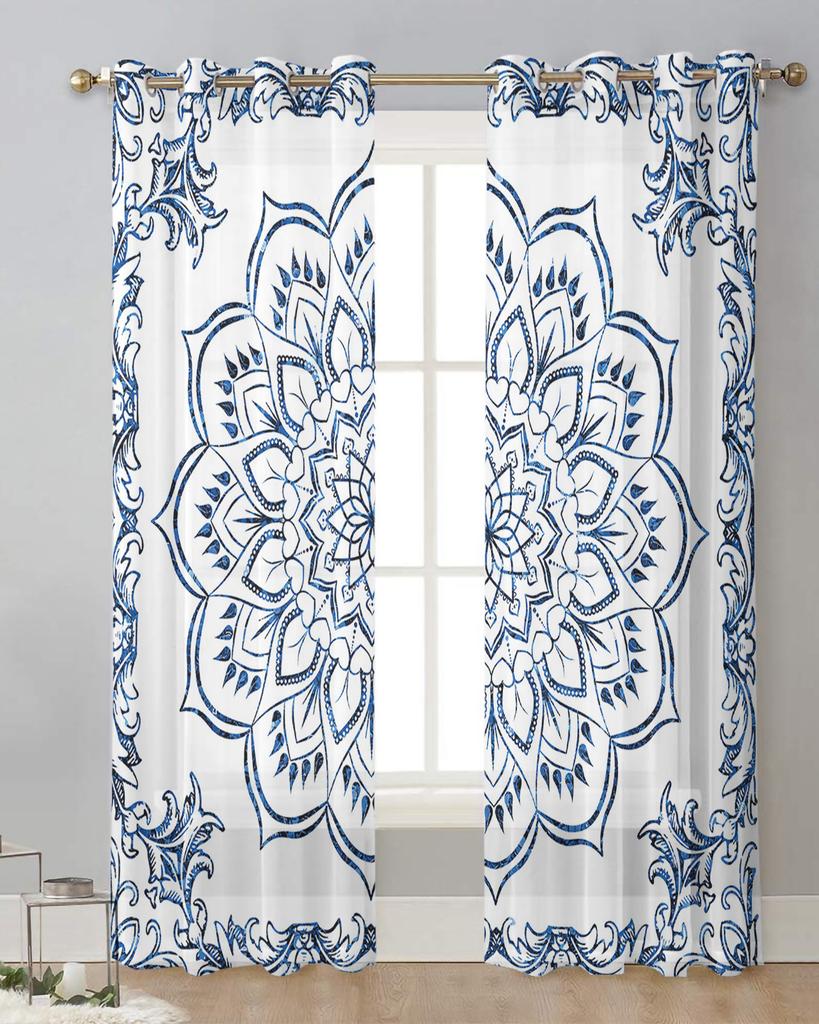 Мандала Ретро Синие Бохо Прозрачные Шторы для Украшения Гостиной Оконные Шторы Для Кухни Тюль Вуаль Органза Шторы