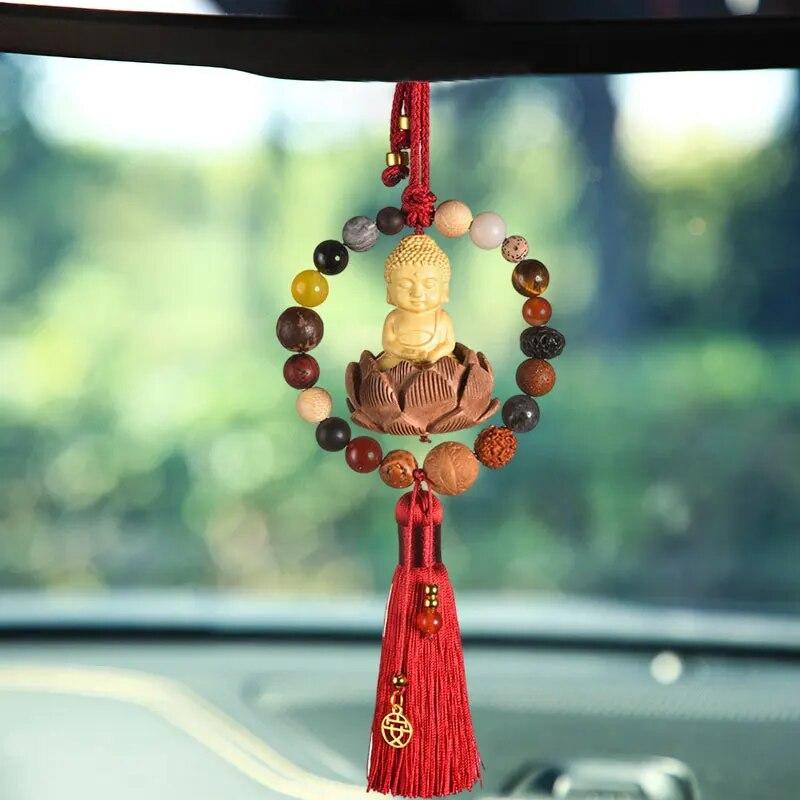 Upgraded Car Rearview Mirror Buddha Pendant Chinese Wooden Carving Lotus Buddha Statue Auto Hangings Tassel Decor Car Interior