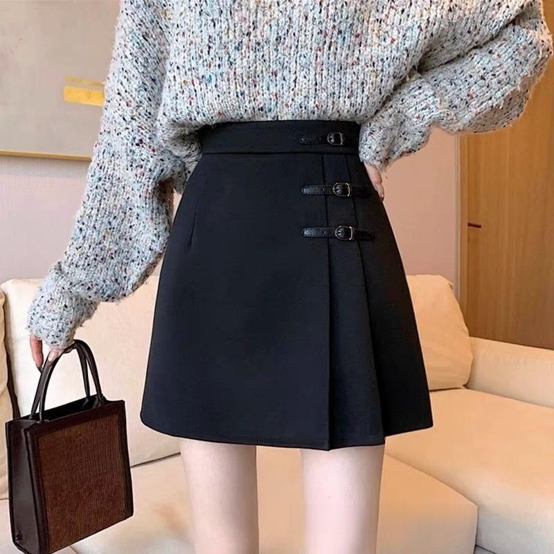 Classic Womens Black Wool Blend Mini Skirt With High Waist And Pleats For Spring Fashion