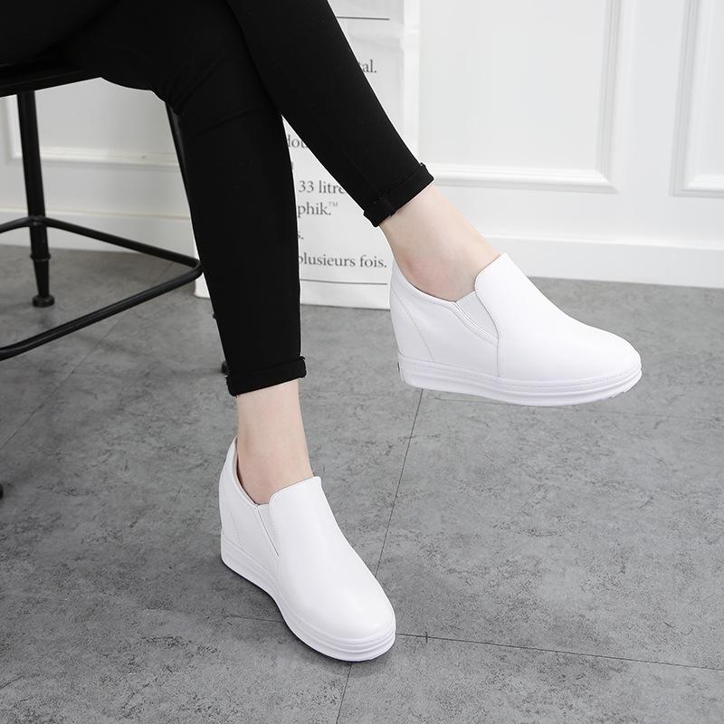 2019 Spring Women's Genuine Leather Slip-On White Shoes with Raised Heels – Korean Style, Versatile, Slim, Breathable, Casual.