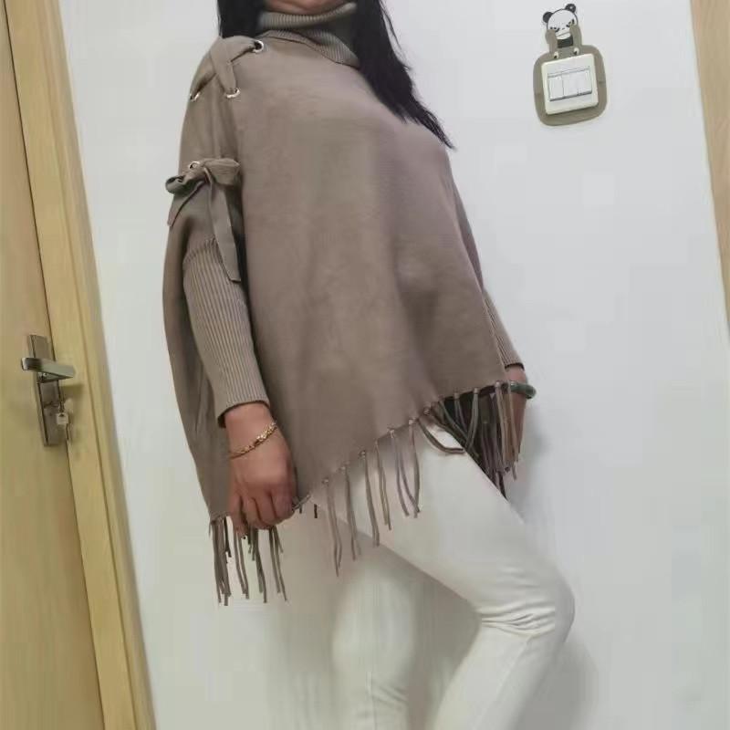 Осень-зима, женский водолазка с кисточками, большой вязаный свитер, накидка, модные бинты, свободный вязаный пуловер, топы