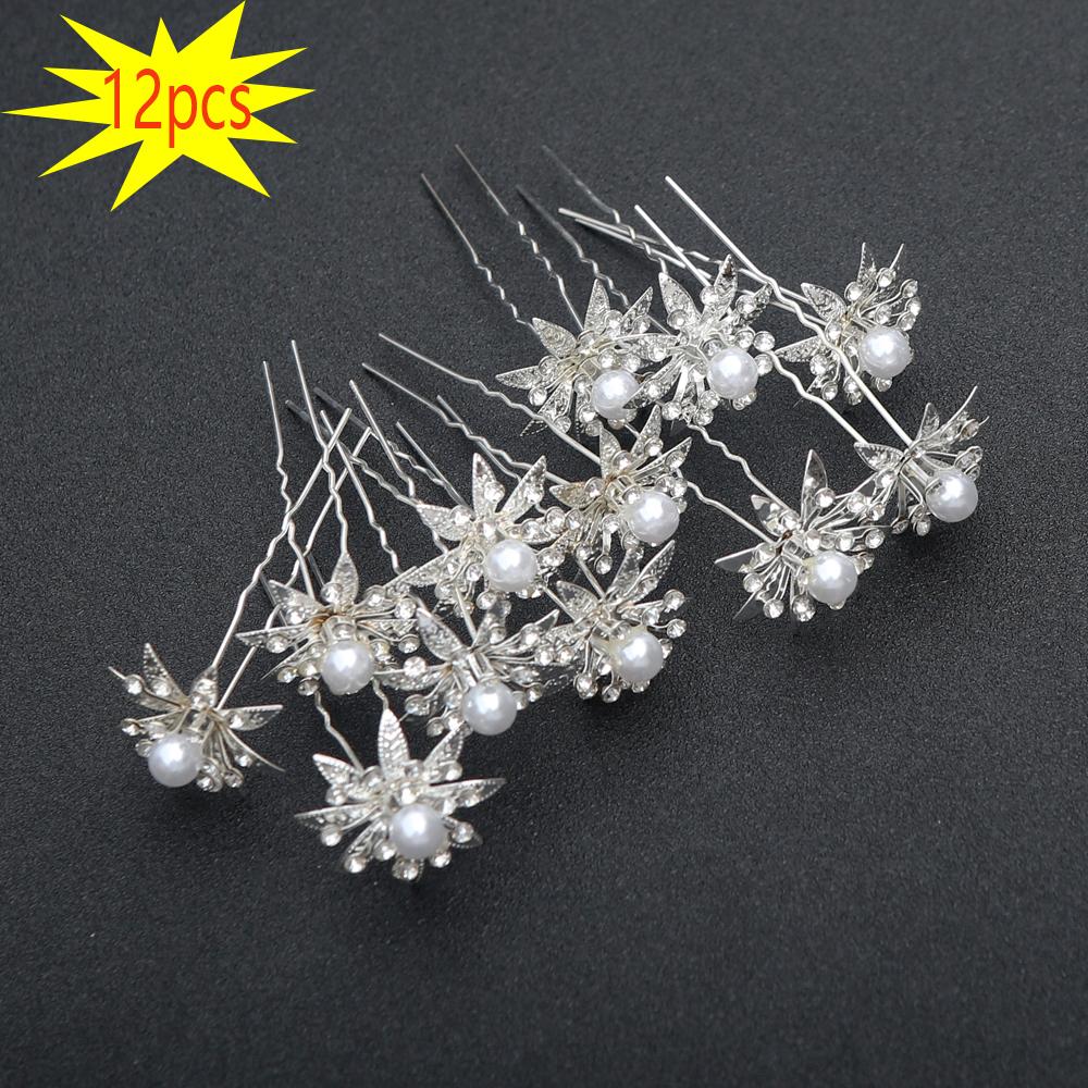 12pcs Delicate Fashion Bridal Headpiece U-Shaped Pin Pearl Flower Hairpin Women Hair Fork Coiled Hair Accessory Hairpin