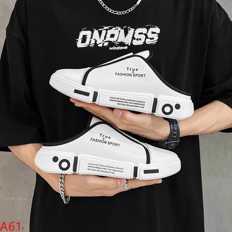 Men's Slippers Baotou Shoes Half Trailer Canvas 2024 Summer New Board Shoes Small White Shoes One Foot Pedal Slippers