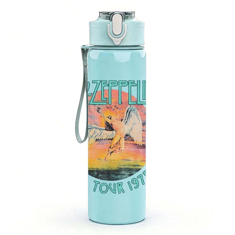 1PC Led zeppelin circular colorful band print 750ml colorful plastic sports water bottle leakproof pop up lid with straw for outdoor work home use
